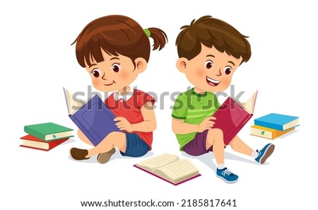 Cute boy and girl are relaxing and enjoying reading books. Vector illustration isolated on white background Royalty-Free Stock Photo #2185817641