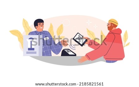 Man uses QR code to pay in hardware store, flat vector illustration isolated on white background. Character at checkout buying kettle with mobile phone and quick response code.