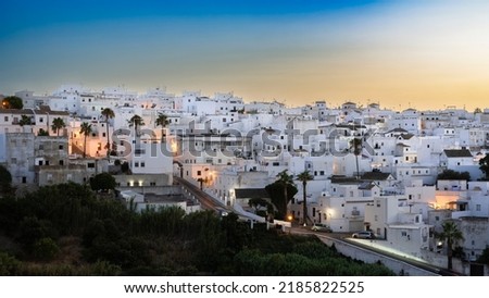 Beautiful Andalusian Pueblo Blanco (white village) at sunset. Vejer de la Frontera is one of the most beautiful Pueblos Blancos in Cádiz province, Andalusia, Spain.