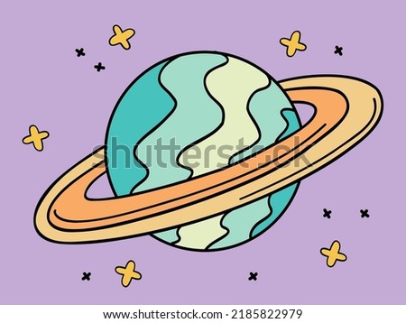 Sticker illustration from the 1970s set. Planet with stars. Bright memorable design. Universal use.