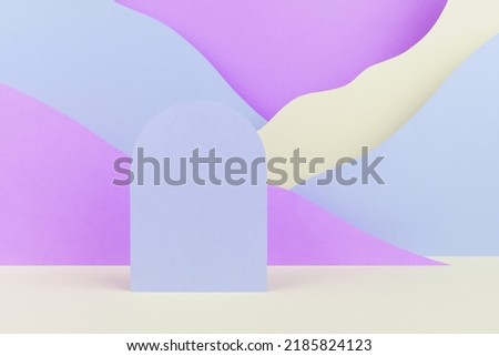 Fantasy cartoon abstract scene mockup with arch podium, mountain landscape with violet, blue, white color slopes. Template showroom for advertising, presentation of cosmetic, goods, advertising.