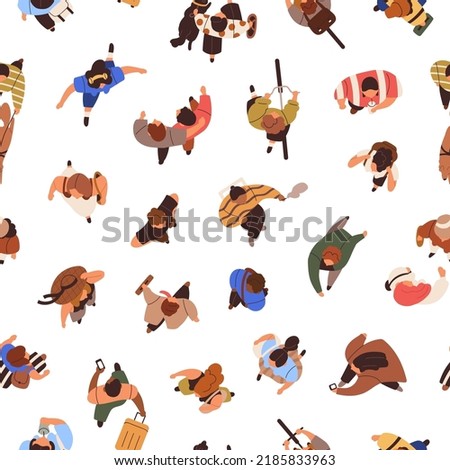 Seamless pattern of people crowd top view. Many characters going on endless background. Repeating print of men, women overhead, moving outdoors on city streets. Colored flat vector illustration