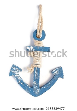 Blue wooden anchor isolated on white background
