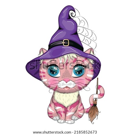Cartoon cat in purple witch hat with broom, pumpkin, potion. Halloween character, poster. Cute child character, symbol of 2023 new chinese year