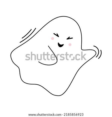 Vector cute hello ghost. Flying spirit in flat design. Outline phantom on white background. Doodle ghost. Halloween.