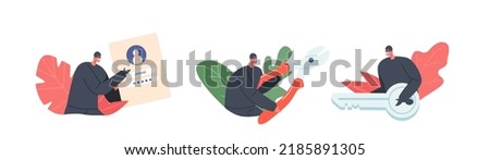 Set of Criminals, Burglars, Hackers Or Crackers Wearing Black Hats, Masks And Clothes Holding User Information, Cutters and Key for Stealing Personal Data From Pc. Cartoon People Vector Illustration