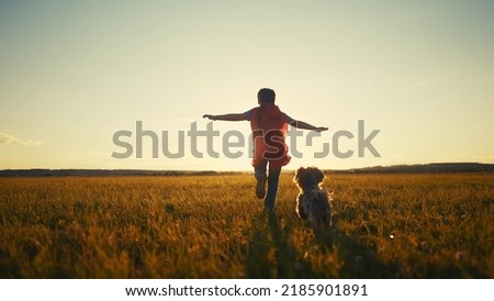 superhero and dog. little boy running across the field in a superhero costume with a red cape silhouette at sunset. happy family kid concept. baby superhero. little boy in sunset dream run through Royalty-Free Stock Photo #2185901891
