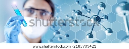 Woman chemist analysing a test-tube with blue liquid sample and 3d illustration of a molecular structure.