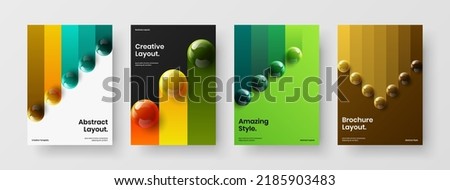 Isolated company identity A4 design vector layout composition. Geometric 3D balls handbill template set.