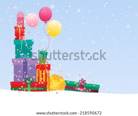 a vector illustration in eps 10 format of a stack of christmas gifts in colorful packaging with confetti and balloons on a snowy background
