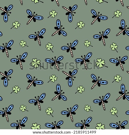 seamless pattern doodle dragonfly, butterfly, clover, green background