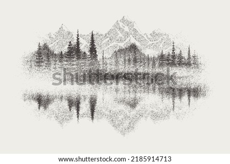 Forest and mountains are reflected in the lake, vignette. Vector sketch, imitation of a pencil drawing. Royalty-Free Stock Photo #2185914713