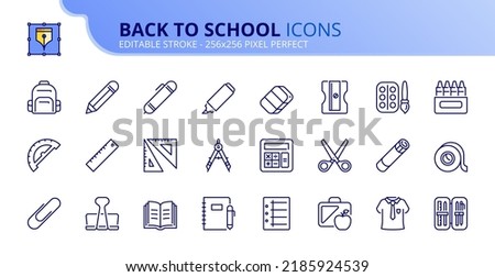 Line icons about back to school. Contains such icons as ruler, pencil, scissors, glue, clip, eraser, marker, paper and backpack. Editable stroke Vector 256x256 pixel perfect