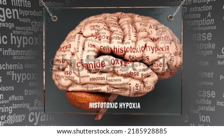 Histotoxic hypoxia in human brain - dozens of terms describing its properties painted over the brain cortex to symbolize its connection to the mind.,3d illustration