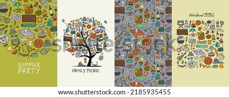 Summer weekend outdoor, family picnic on nature. Art concept tree, frame and pattern background. Set of banners in one style hand drawn for your design. Vector illustration