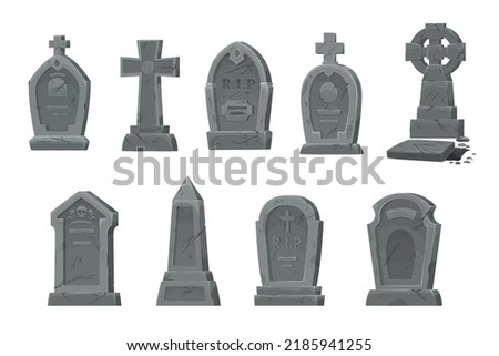 Cemetery graves and gravestones vector set of isolated cartoon graveyard tombstones and cemetery headstones. Grave crosses and tomb stone monuments with RIP or rest in peace memorial signs and skulls Royalty-Free Stock Photo #2185941255