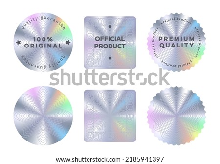 Hologram stickers or labels with holographic texture. Vector silver round, square and wavy product quality guarantee badge, original official seal. Realistic holograms for product packaging Royalty-Free Stock Photo #2185941397