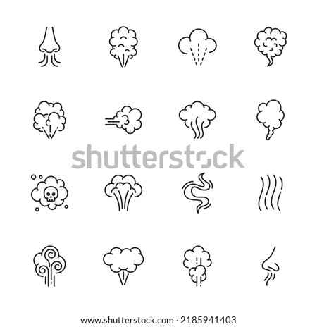 Smell icons, smoke steam and nose smelling odor scent, vapour or vapor, vector line symbols. Bad smell or stinky odour and toxic fume cloud icons with skull, smelly stink gas or smoke steam Royalty-Free Stock Photo #2185941403