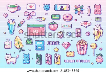 Pixel art Cute gaming clip art pack. 8 bit vintage video game style decorations set like snacks, sweets, console, handheld pocket games, animals and decorative elements. Vector cute pixel art stickers