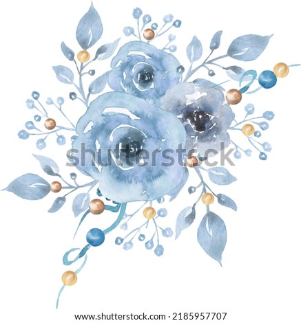 Watercolor floral bouquet illustration with blue flowers and  leaves, wedding invitation, card making, baby shower graphics