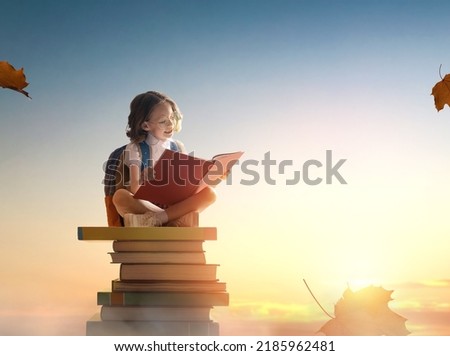 Back to school! Happy cute industrious child sitting on the tower of books on background of sunset sky. Concept of education and reading. The development of the imagination. Royalty-Free Stock Photo #2185962481