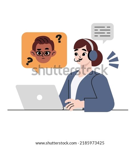 A woman in headphones with a microphone at the computer. Office work. Online customer service. Helping clients. Illustration for call center, support, hotline, telemarketing. Vector in flat style.