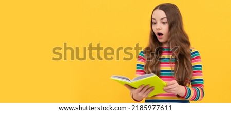 OMG. Shocked child read book. School education. Keep calm and read a book. Banner of school girl student. Schoolgirl pupil portrait with copy space.