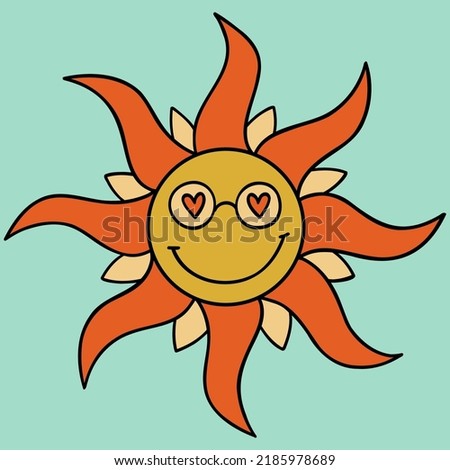 Sticker illustration from the 1970s set. Smiling sun with sunglasses. Bright memorable design. Universal use.