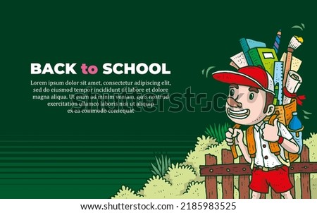 Back to school banner with student walking cartoon illustration
