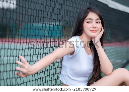 Hipster asian girl pose for take a photo, Fashion portrait pretty woman at tennis court, lifestyle of modern teenage thai girl