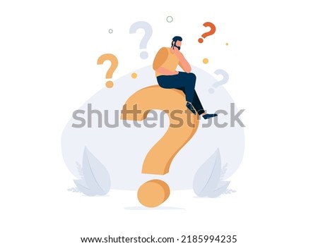 asking questions for solution to solve problem, thinking process or business analysis to get new idea concept, calm businessman on large question mark thinking of who what where when why and how. Royalty-Free Stock Photo #2185994235