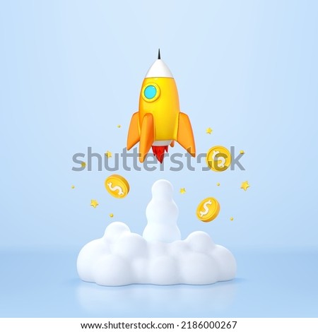 Rocket launching with smoke and dollar flying coins. Business start-up concept. Vector 3d illustration