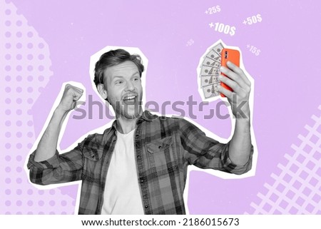 Collage photo of young happy guy celebrating win bet online profit money addicted isolated on cartoon background