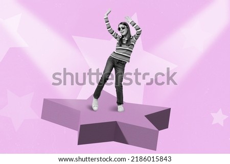 Collage picture of energetic active attractive girl have fun dancing on star spotlights raising hands isolated on pink color background