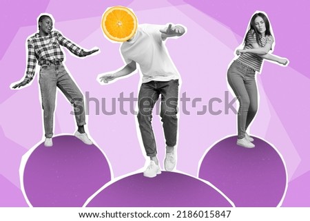 Banner collage of guys lady dance wear casual cloth isolated on painting purple color background Royalty-Free Stock Photo #2186015847