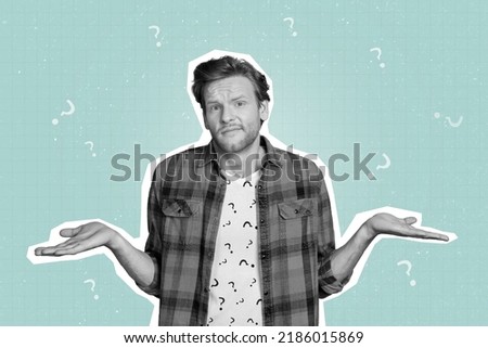 Collage photo of young funny guy wear shirt questioned dillema how get money isolated on blue color background Royalty-Free Stock Photo #2186015869