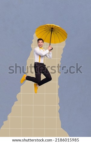 Vertical collage artwork magazine picture of funny funky positive guy smiling suspenders fly yellow umbrella windy weather paper texture