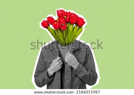 Collage picture of interesting stylish man flowers instead of head red tulips isolated on creative green background