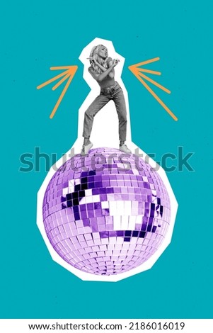 Contemporary creative art collage attractive dancing girl levitating disco ball have fun leisure party time retro vintage fashion concept Royalty-Free Stock Photo #2186016019
