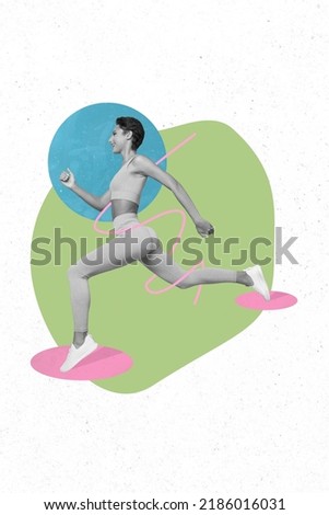 Collage image picture of excited purposeful person run up fast hurry finish wear sport suit isolated on creative drawing background