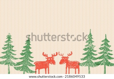 Silhouettes of deer and christmas trees with empty space for text or greetings. Imitation of silk-screen printing or stamp printing on cotton.