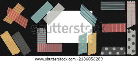 Washi tape. Semi-transparent pieces of ribbons with patterns.Blue, pink, yellow and gray pieces of washi tape with torn edges. Set of sixteen pastel scrapbooking ribbons isolated on a black background