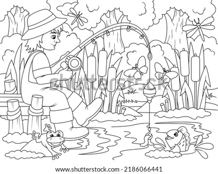 Fishing, a fisherman catches fish in nature. Pier on the lake. Children coloring.
