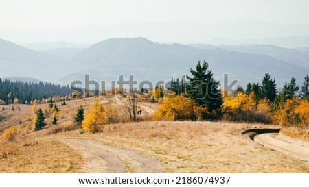 Panoramic landscape of hills of a smoky mountain range covered in white misty fog and deciduous forest on fall day in October. Carpathians, Ukraine. Horizontal wallpaper.