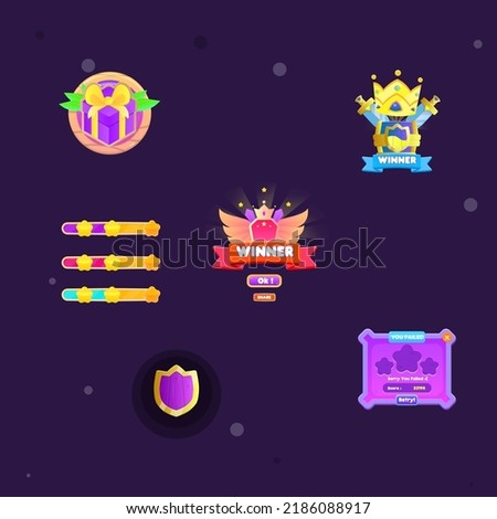 Game UI Set Gifts Winner Pop Up Badges Shield Crown Star Bar Kit Cute Cartoon Colorful Vector Design