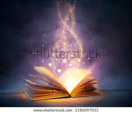 Magic Book With Open Pages And Abstract Lights Shining In Darkness - Literature And Fairytale Concept - Contain Illustration