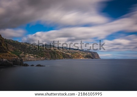 Panoramic view from Ponta do Sol village on Madeira island, Madeira, Portugal. October 2021. Long exposure picture.