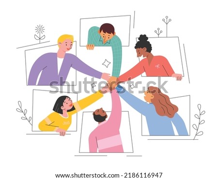 People are putting their hands together. window frame. flat design style vector illustration. Royalty-Free Stock Photo #2186116947