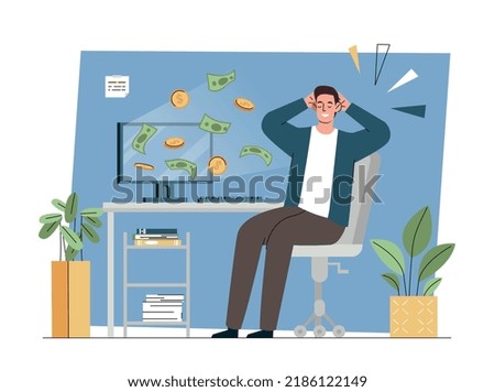 Businessman relax in office. Smiling man sitting on chair, relaxing and having lunch break. Passive income and financial literacy, entrepreneur profits from project. Cartoon flat vector illustration