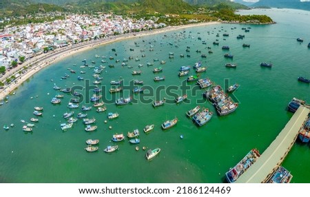 Vinh Luong fishing village, Nha Trang, Vietnam seen from above with hundreds of boats anchored to avoid storms, traffic and densely populated areas below